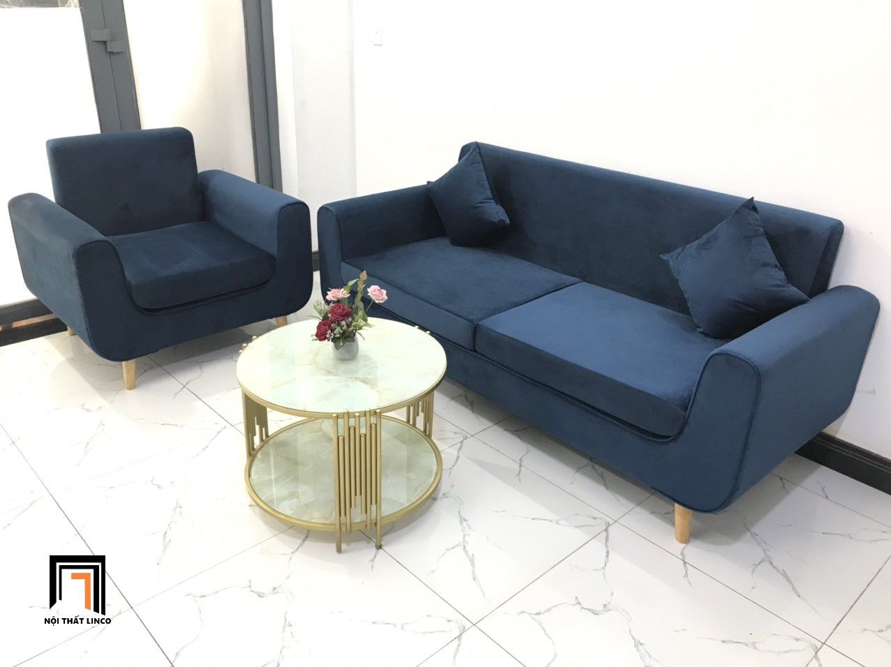  Bộ ghế sofa cho văn phòng làm việc NS04 vải nhung xanh đậm 