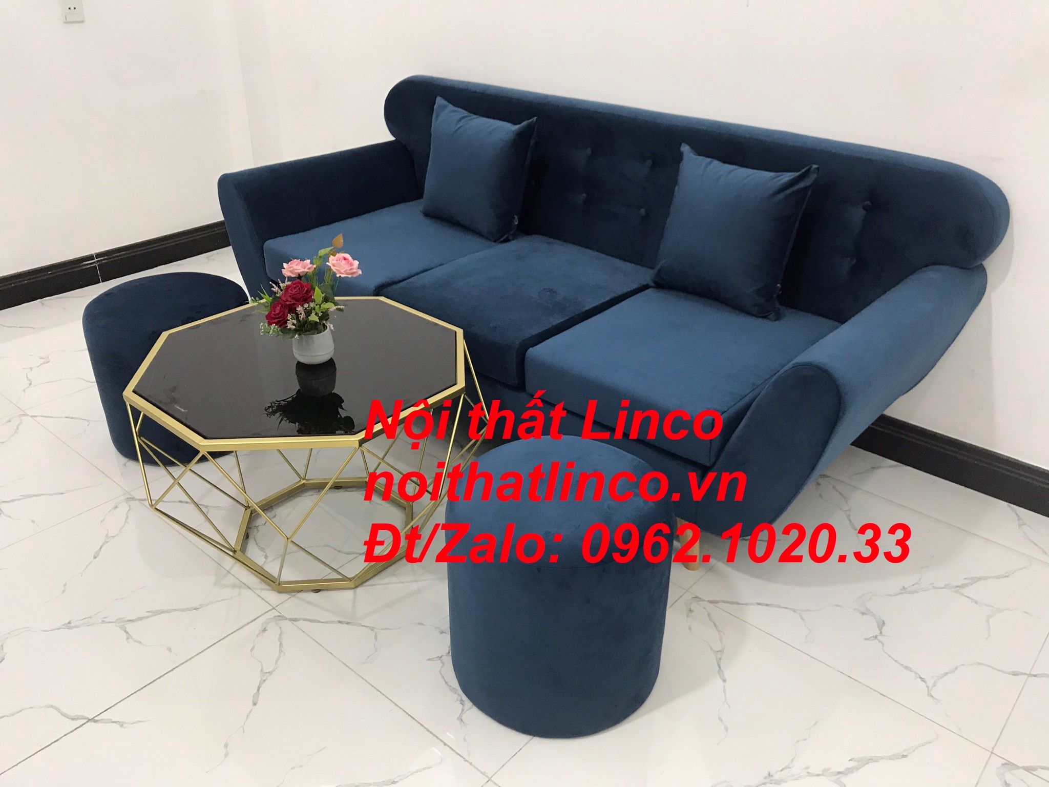  Bộ ghế sofa băng vải nhung xanh dương đen đậm | Sopha văng Linco Tphcm 