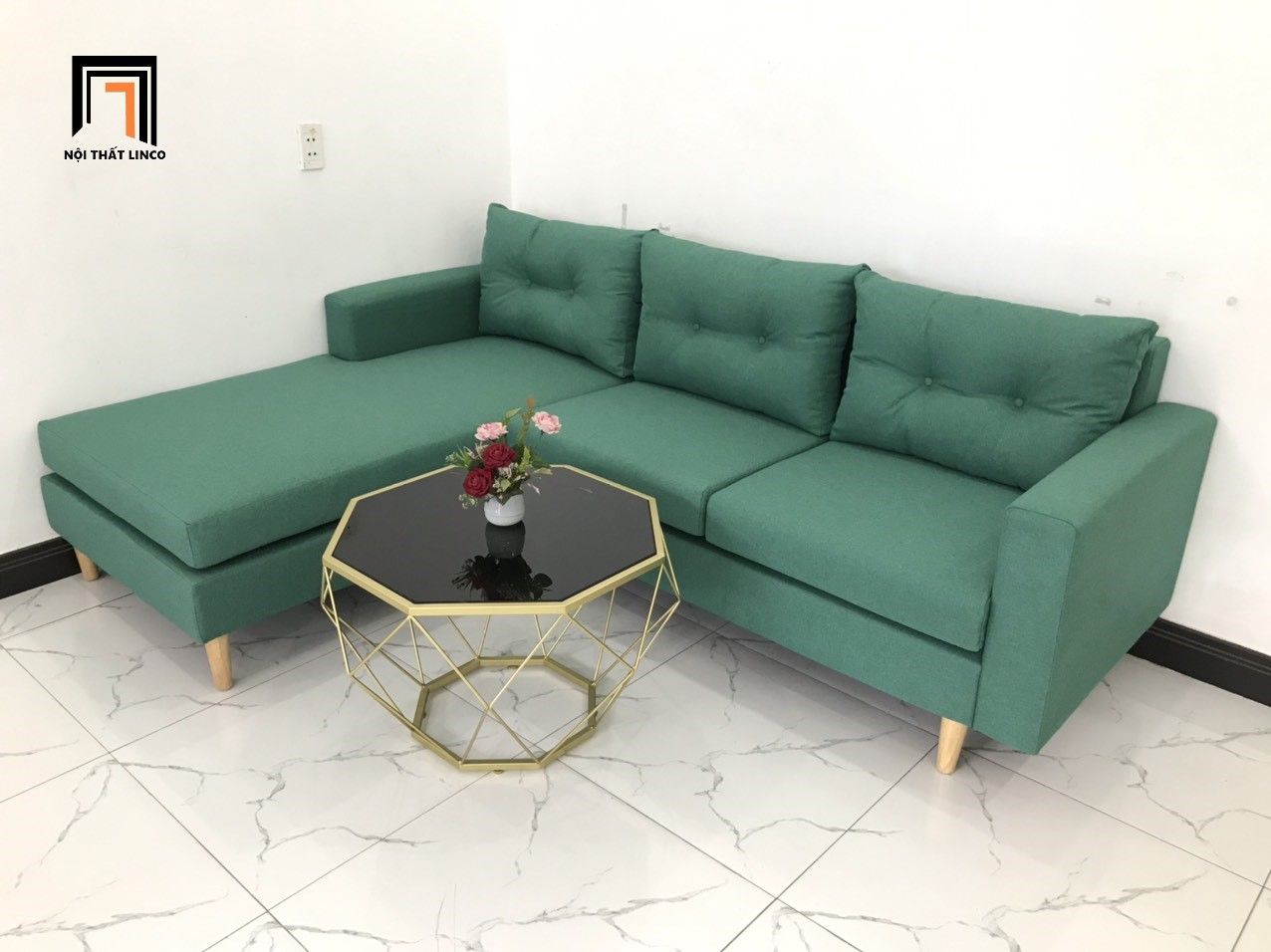  Bộ ghế sofa góc L 2m2 x 1m6 màu xanh ngọc nhỏ gọn 