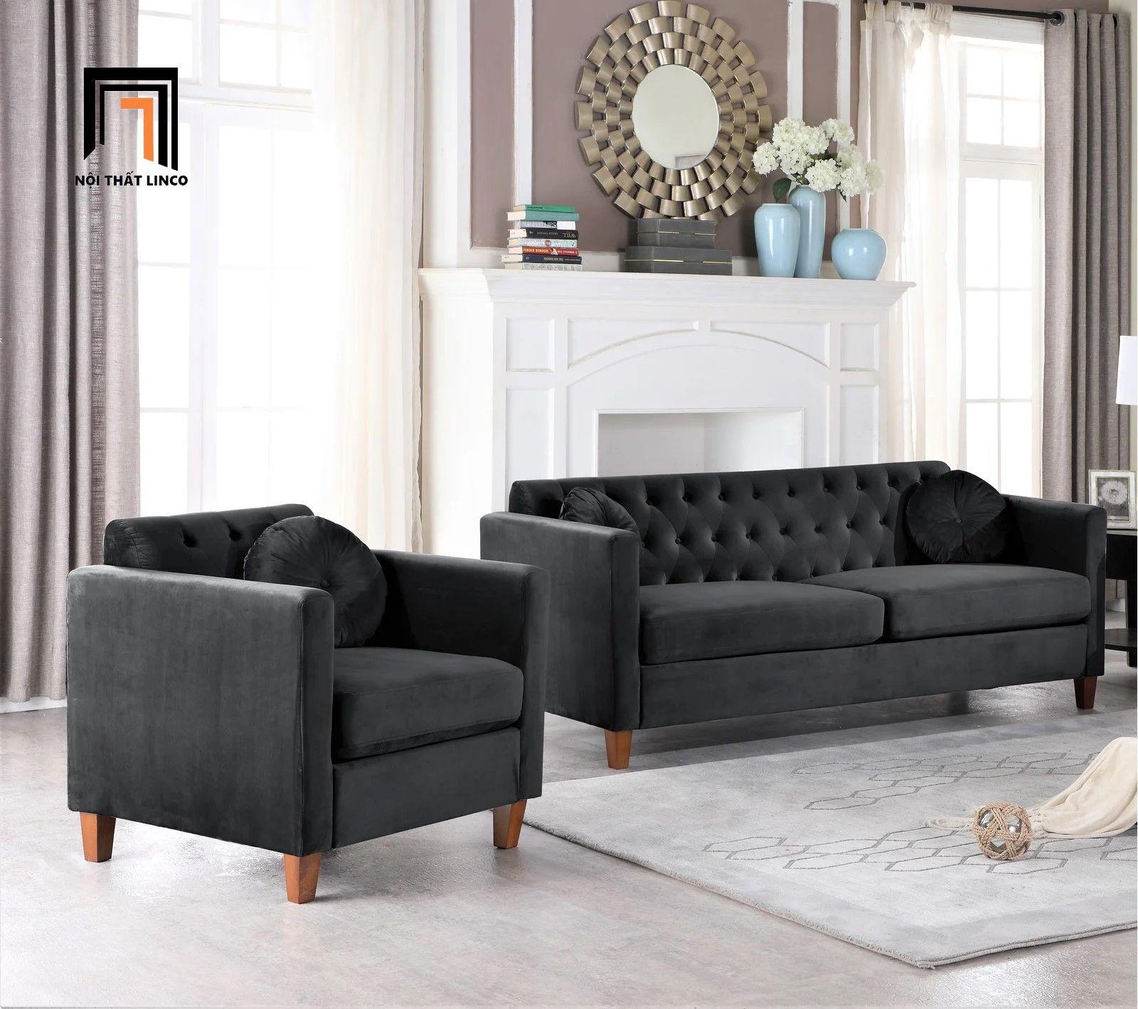  Bộ ghế sofa gia đình hiện đại KT125 Prady xanh lá vải nhung 