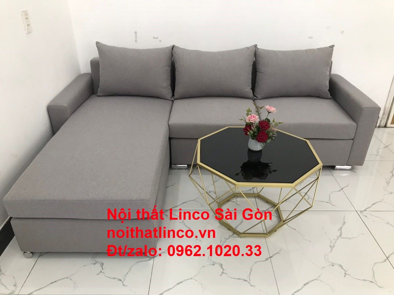  Sofa góc xám trắng giá rẻ dài 2m2 x 1m6 cho phòng khách nhỏ 