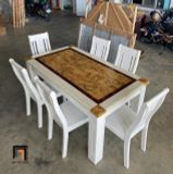  Set bàn ăn mặt đá chữ nhật GF13-BAD6-G300-B354 6 ghế trắng 