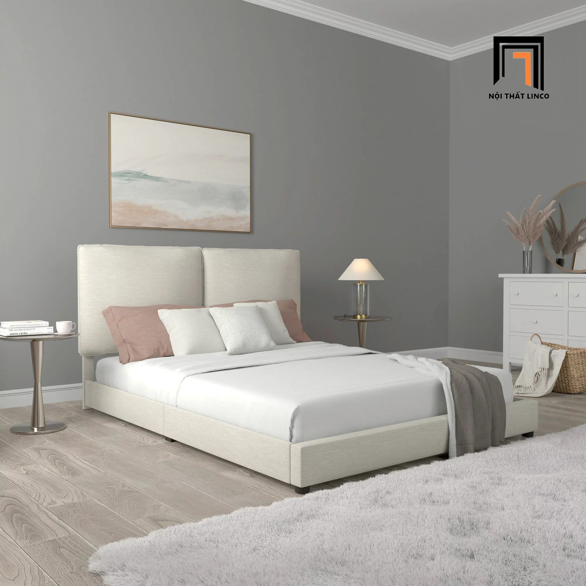  Giường ngủ bọc nệm xinh xắn GN7 Arden vải nỉ trắng kem 