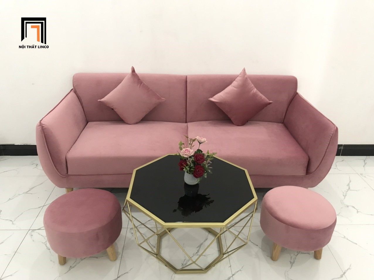  Mẫu sofa băng văng dài 1m9 giá rẻ BB màu hồng phấn vải nhung 