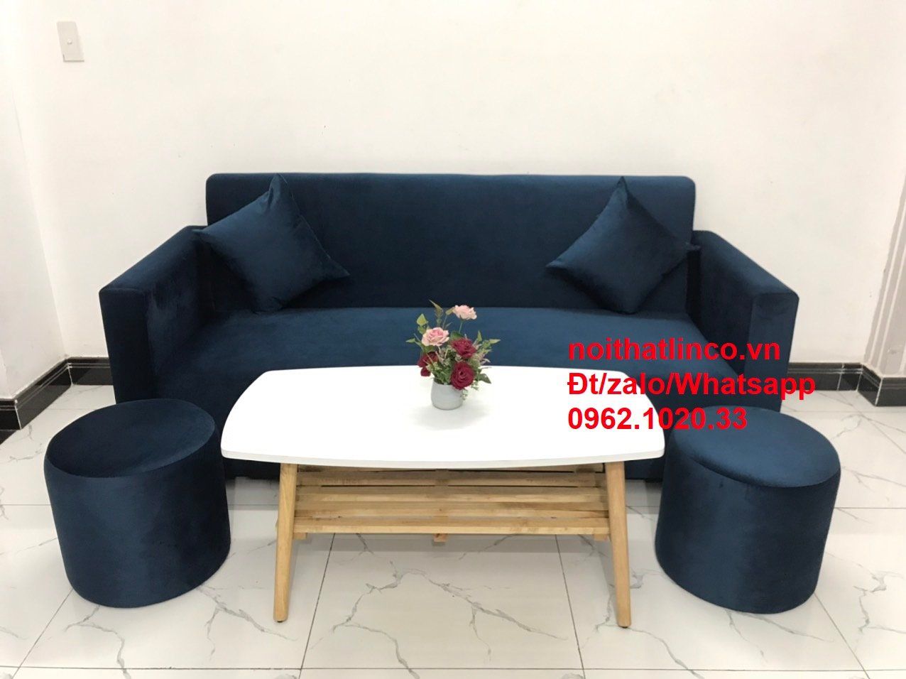  Bộ ghế Sofa băng xanh đậm dài 1m9 nhỏ gọn vải nhung xanh đậm 