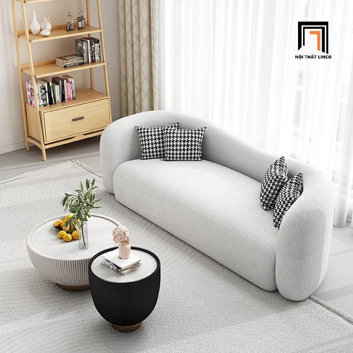  Ghế sofa băng cong dài 2m1 BT305 Farlet vải lông cừu xám trắng 