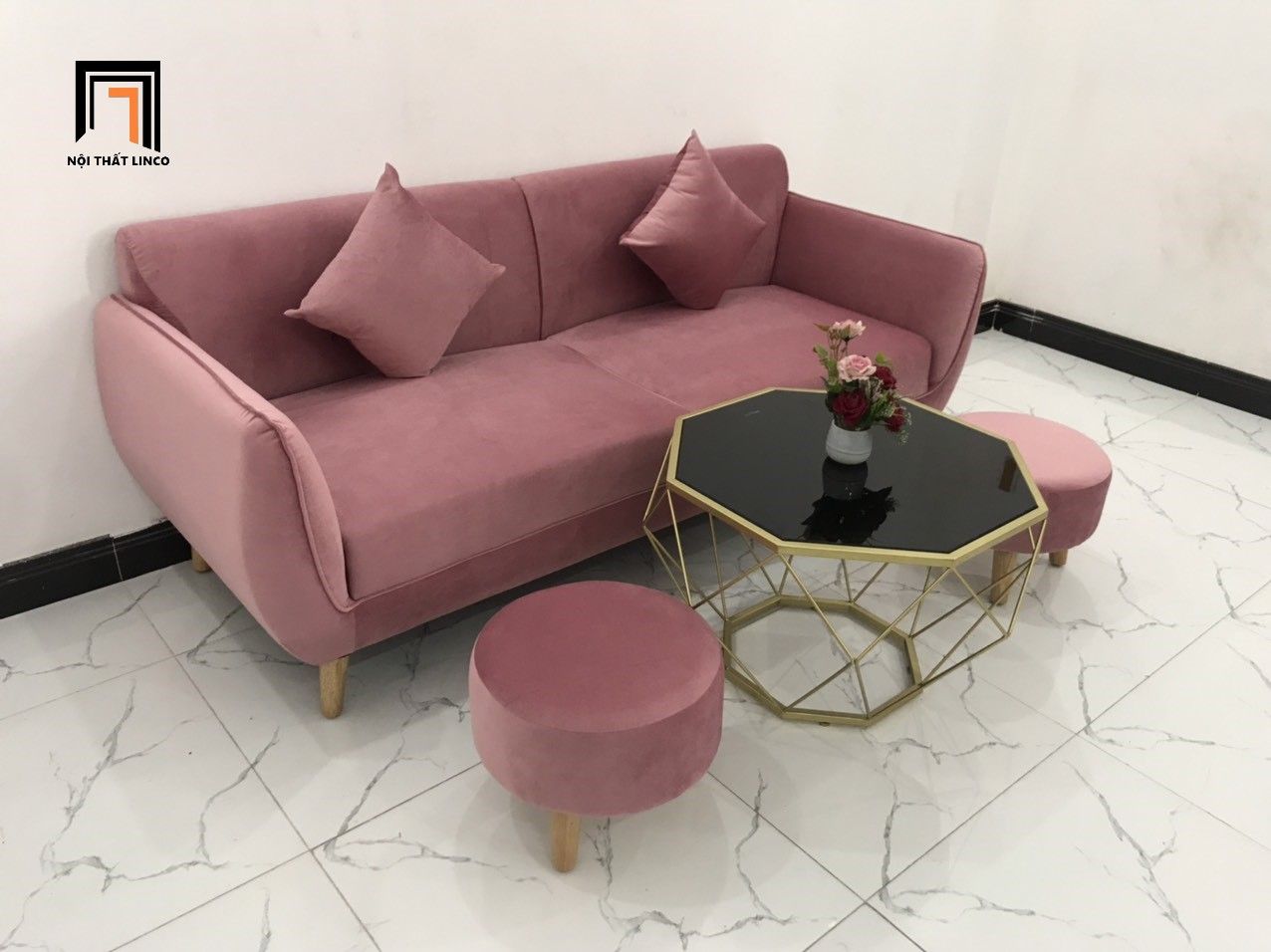  Mẫu sofa băng văng dài 1m9 giá rẻ BB màu hồng phấn vải nhung 