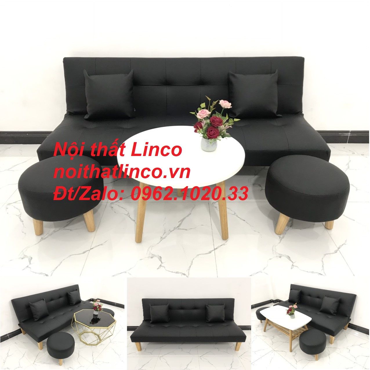  Bộ bàn ghế sofa bed, sofa giường simili đen giá rẻ 1m72 