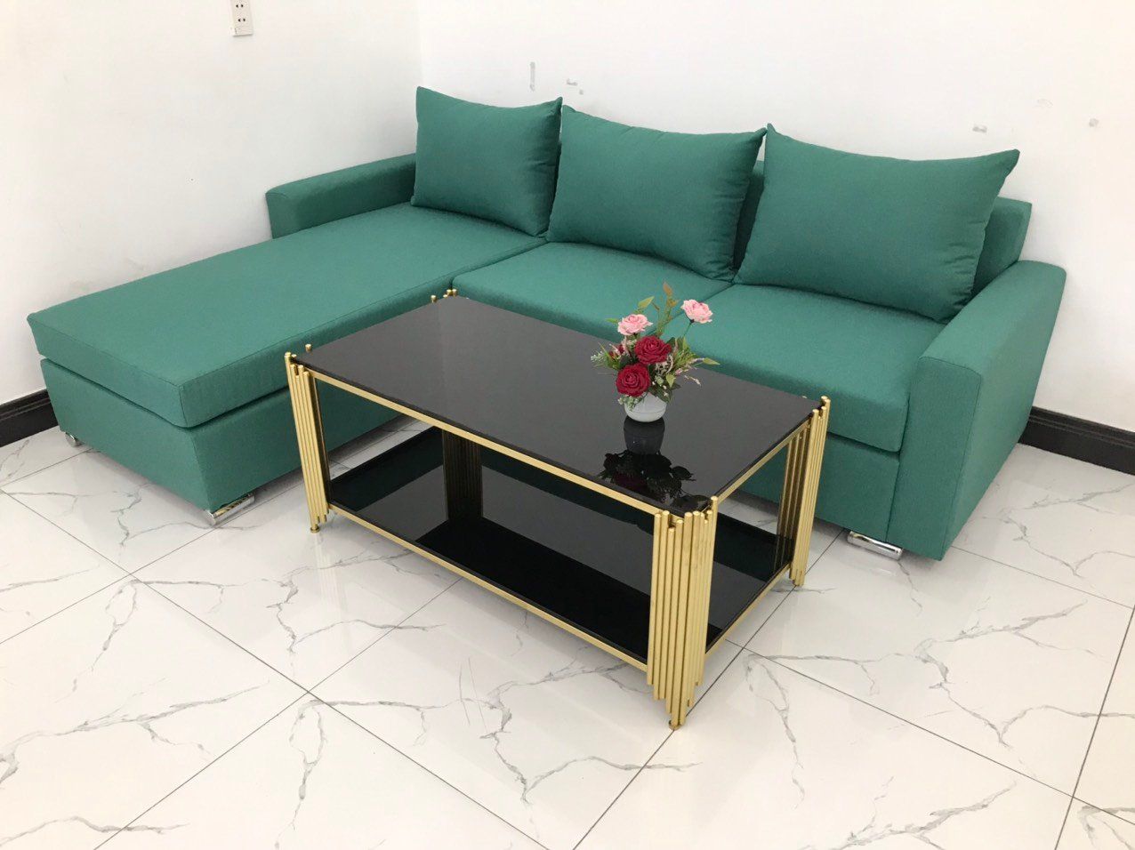  Bộ ghế sofa góc giá rẻ 2m2 x 1m6 màu xanh ngọc vải nỉ bố 