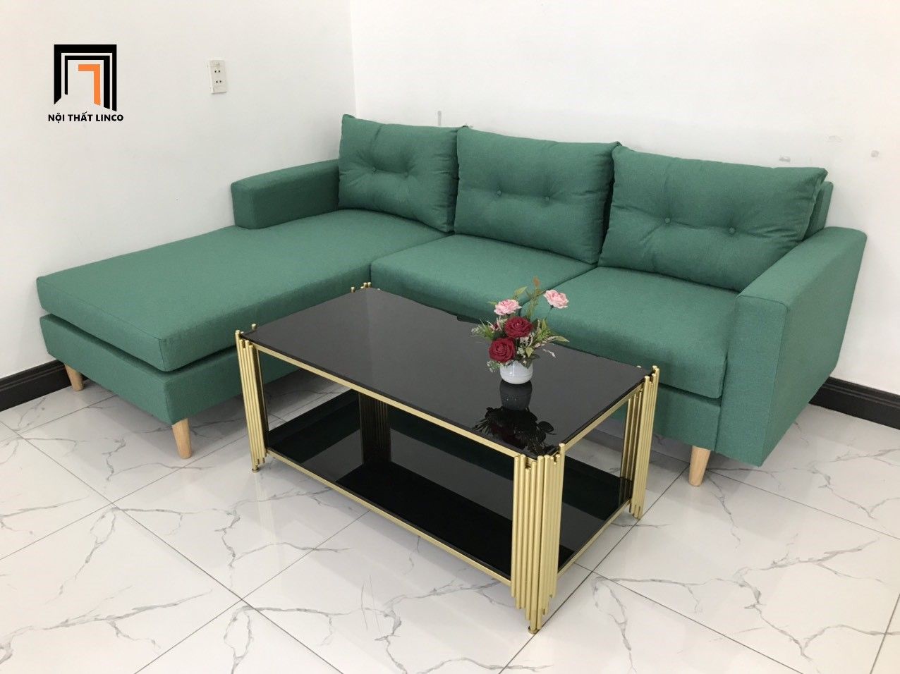  Bộ ghế sofa góc L 2m2 x 1m6 màu xanh ngọc nhỏ gọn 