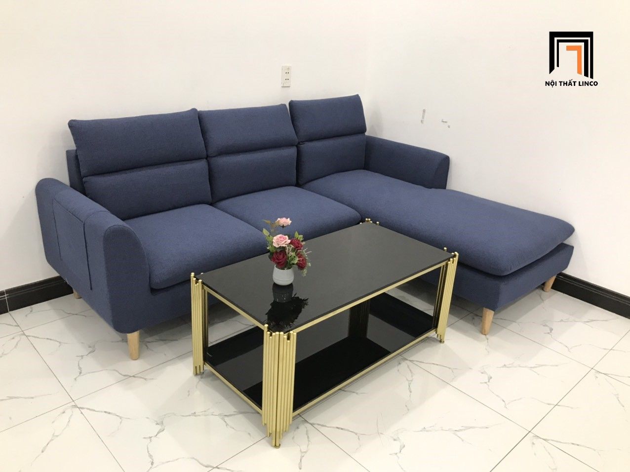  Bộ bàn ghế sofa góc chữ L màu xanh đen dài 2m2 x 1m6 nhỏ 