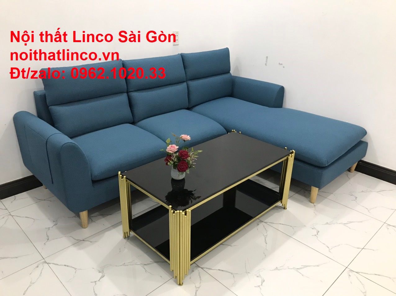  Bộ Sofa Góc chữ L | So pha vải bố xanh dương giá rẻ đẹp phòng khách | Nội thất Linco Sài Gòn 