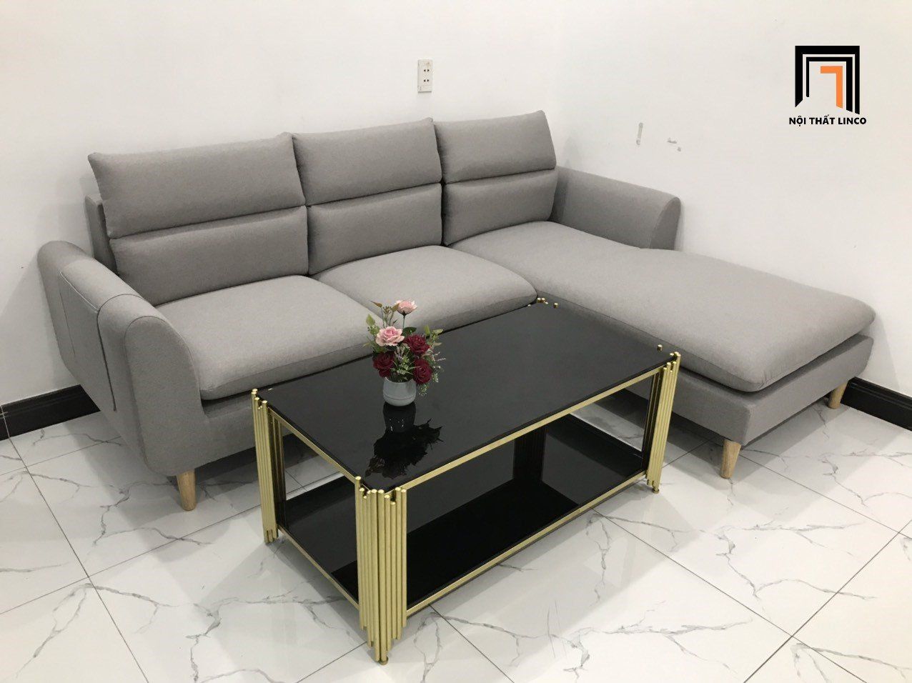  Bộ bàn ghế sofa góc chữ L dài 2m2 x 1m6 màu xám ghi trắng 