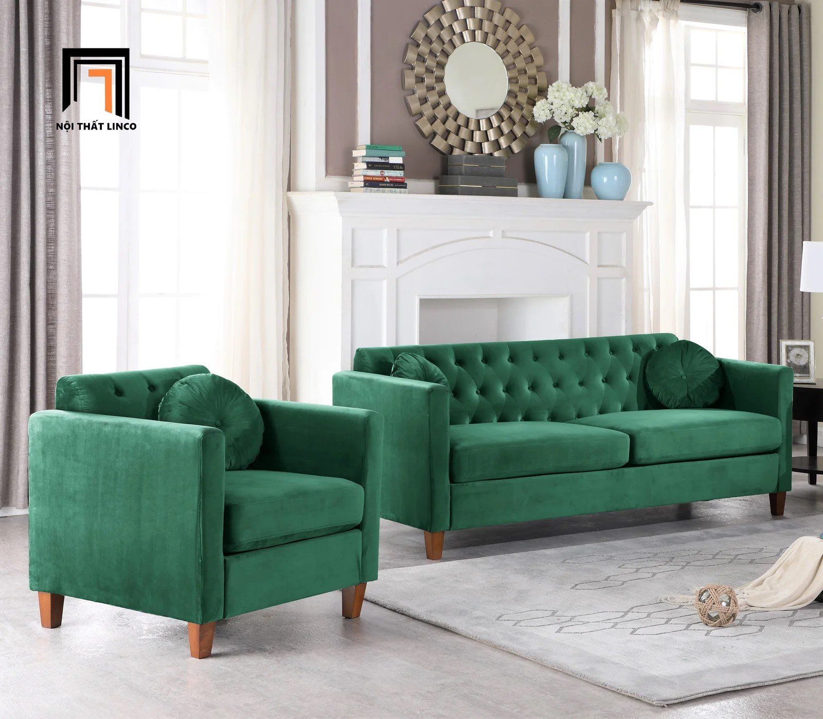  Bộ ghế sofa gia đình hiện đại KT125 Prady xanh lá vải nhung 