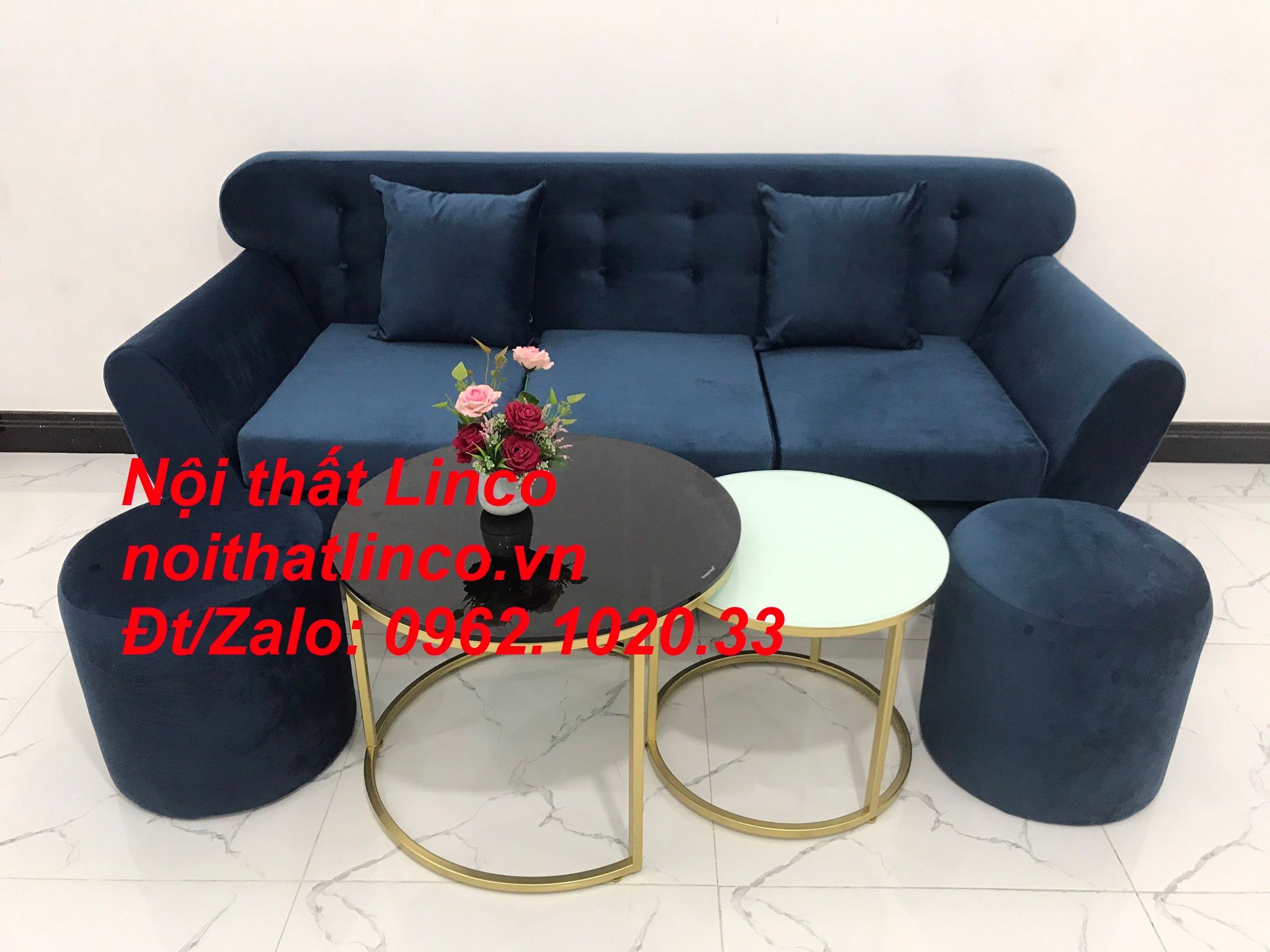  Bộ ghế sofa băng vải nhung xanh dương đen đậm | Sopha văng Linco Tphcm 