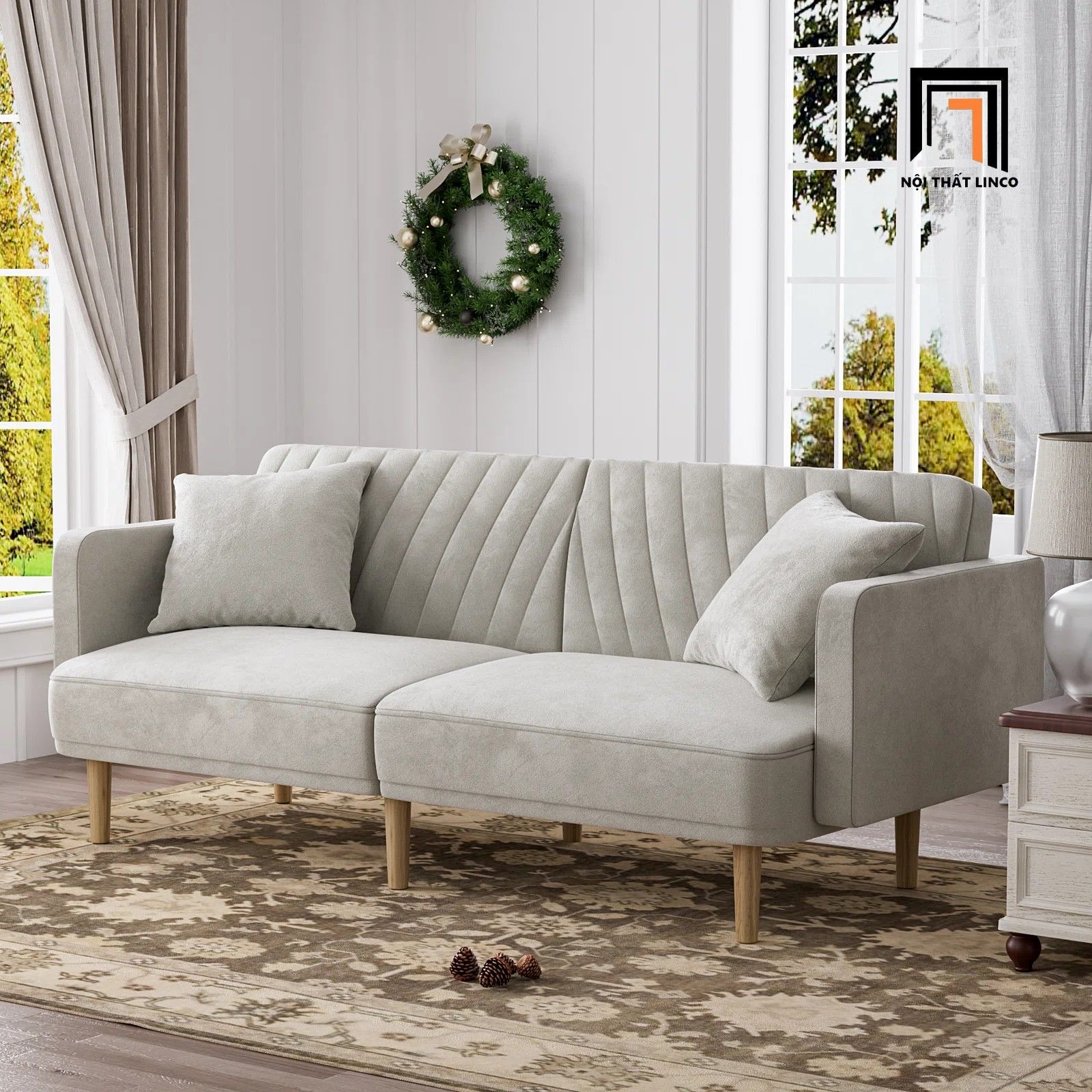  Ghế sofa giường dài 2m GB78 Alcivar vải nhung hồng phấn 