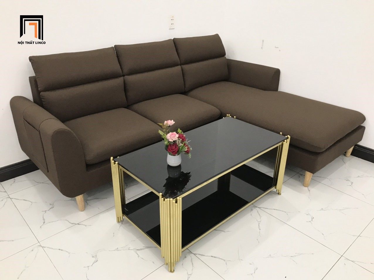  Bộ ghế sofa góc chữ L màu nâu đậm 2m2 x 1m6 cho gia đình 