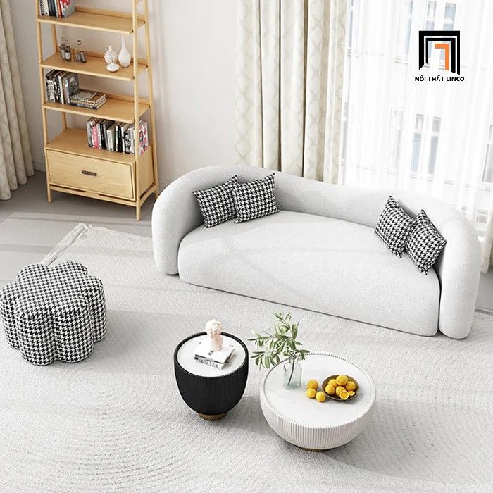  Ghế sofa băng cong dài 2m1 BT305 Farlet vải lông cừu xám trắng 