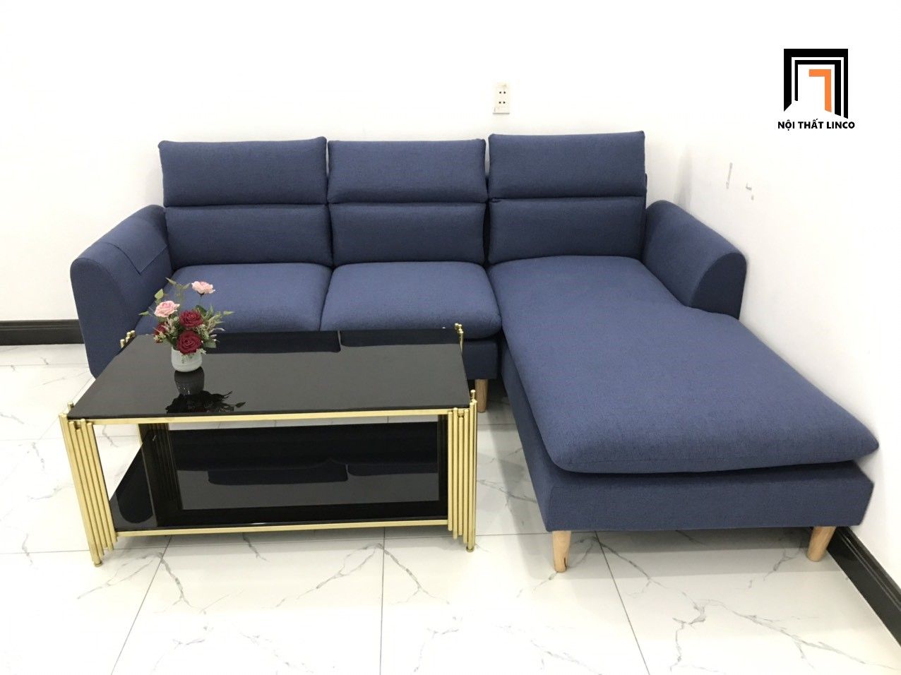  Bộ bàn ghế sofa góc chữ L màu xanh đen dài 2m2 x 1m6 nhỏ 