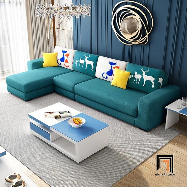 ghế sofa góc chữ l vải nỉ xanh ngọc