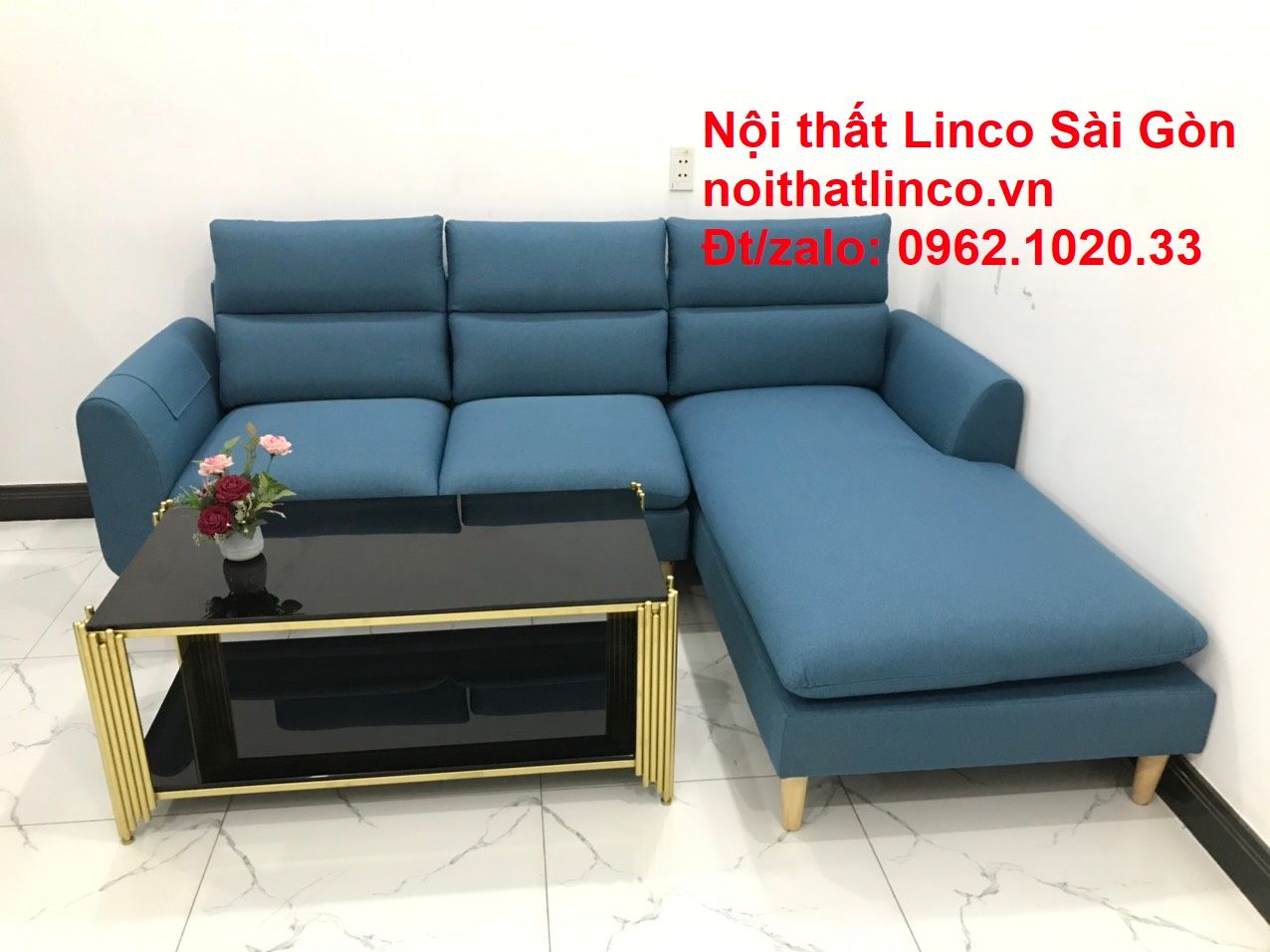  Bộ Sofa Góc chữ L | So pha vải bố xanh dương giá rẻ đẹp phòng khách | Nội thất Linco Sài Gòn 