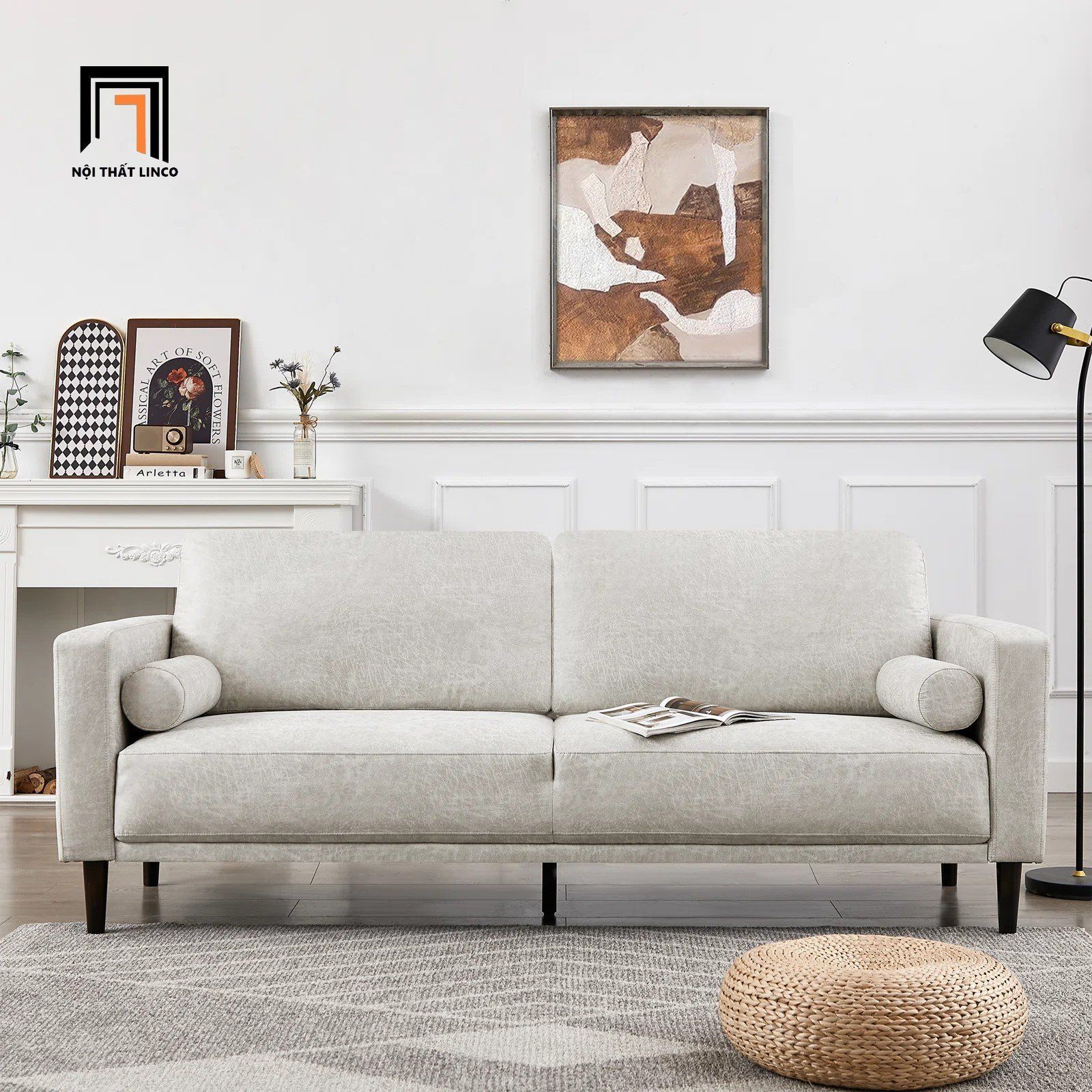  Ghế sofa băng da giả xám trắng BT237 Bunow 1m9 cho chung cư 