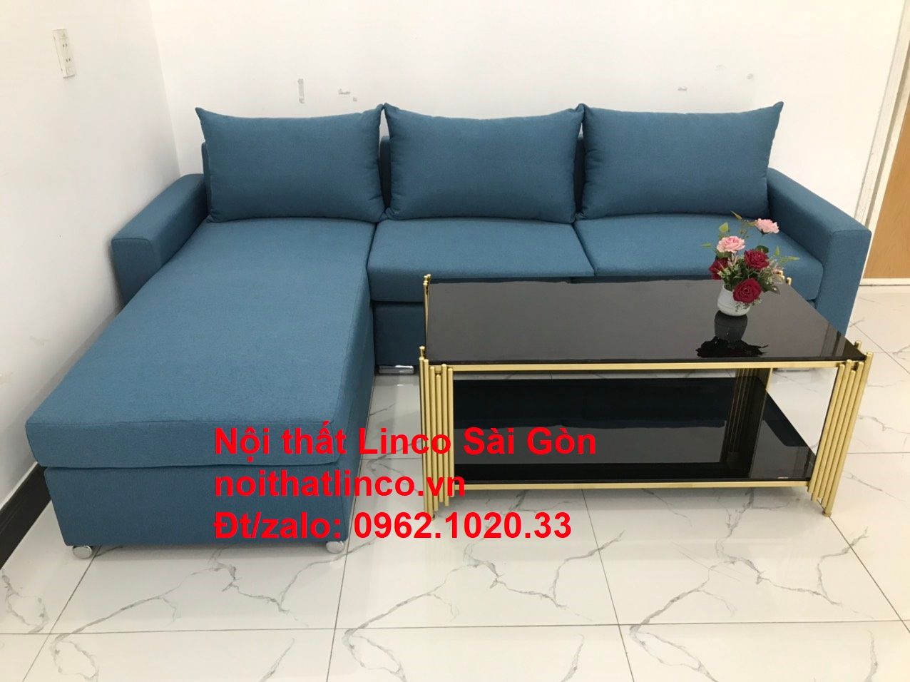  Bộ bàn ghế sofa góc L 2m2 x 1m6 màu xanh dương giá rẻ 