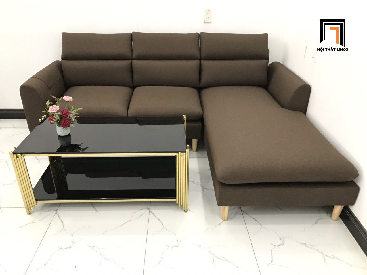  Bộ ghế sofa góc chữ L màu nâu đậm 2m2 x 1m6 cho gia đình 