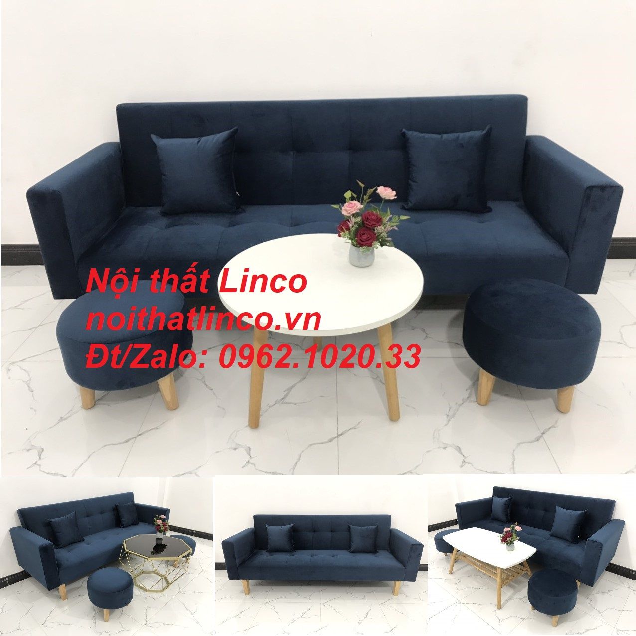  Bộ ghế sofa băng giường nằm xanh dương đậm vải nhung dài 2m 