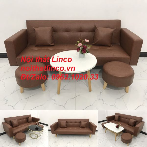 bộ ghế sofa giường màu nâu da simili