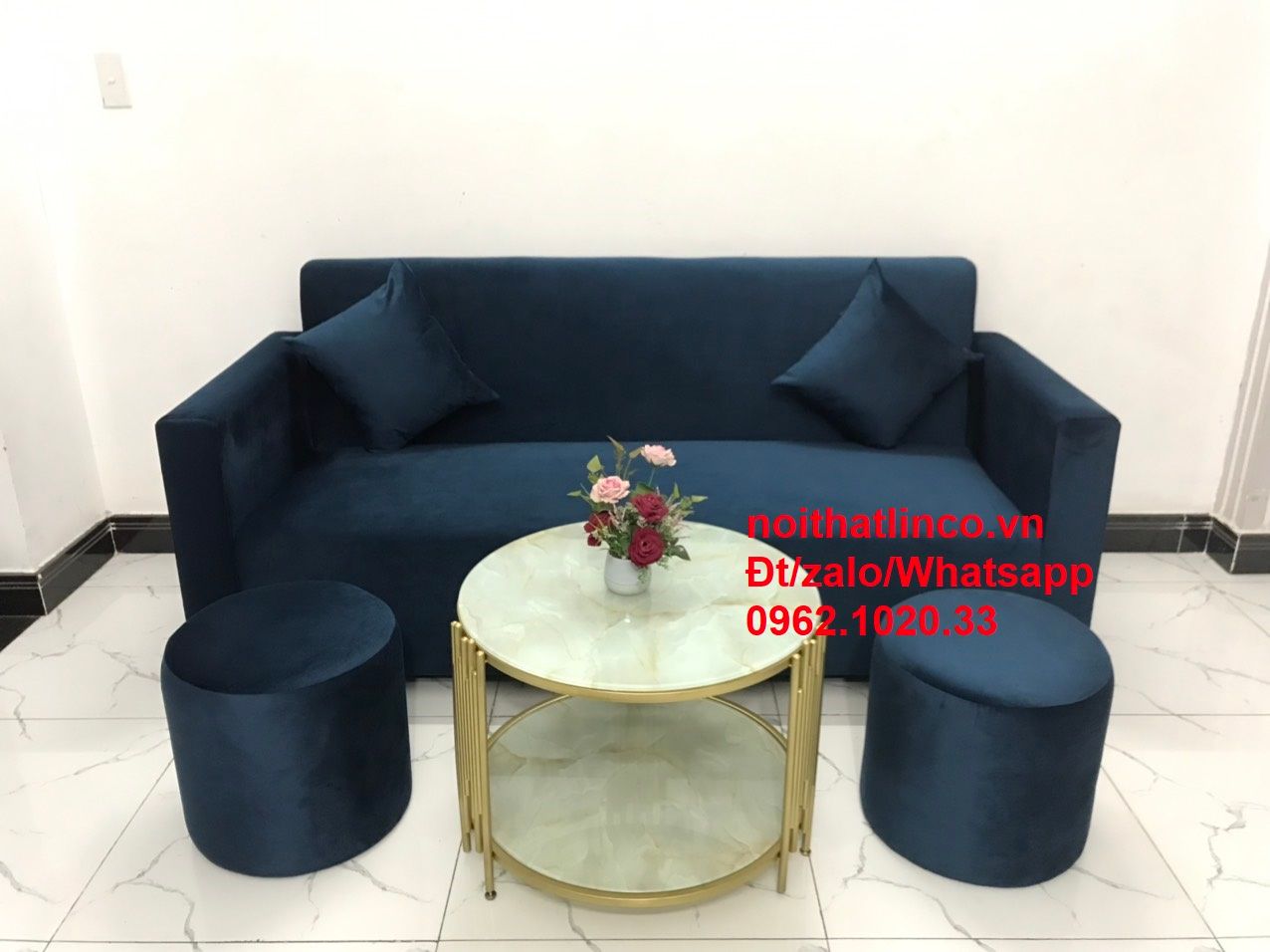  Bộ ghế Sofa băng xanh đậm dài 1m9 nhỏ gọn vải nhung xanh đậm 