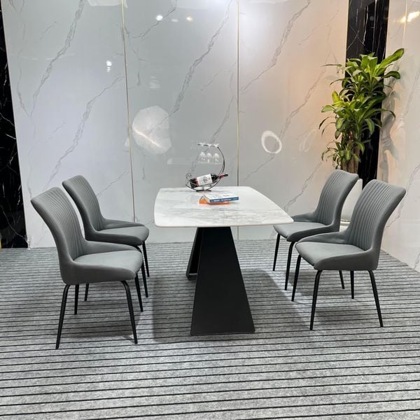 set bàn ghế ăn 4 chỗ bọc da giả xám