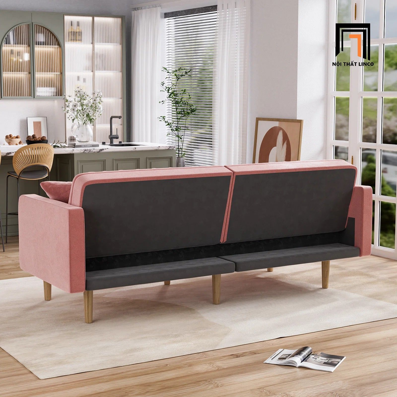  Ghế sofa giường dài 2m GB78 Alcivar vải nhung hồng phấn 