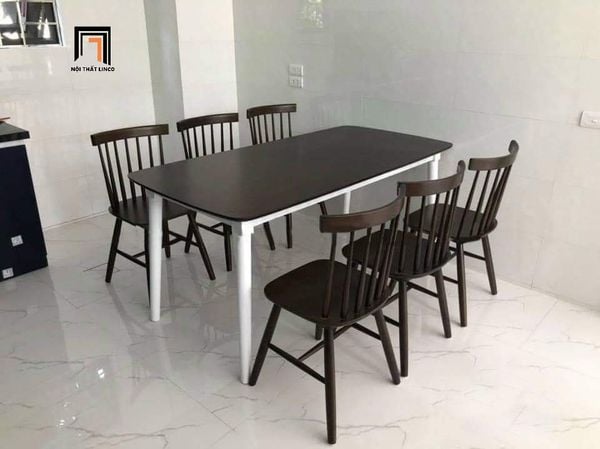 bộ bàn ăn 6 chỗ ngồi gỗ tự nhiên nâu đậm