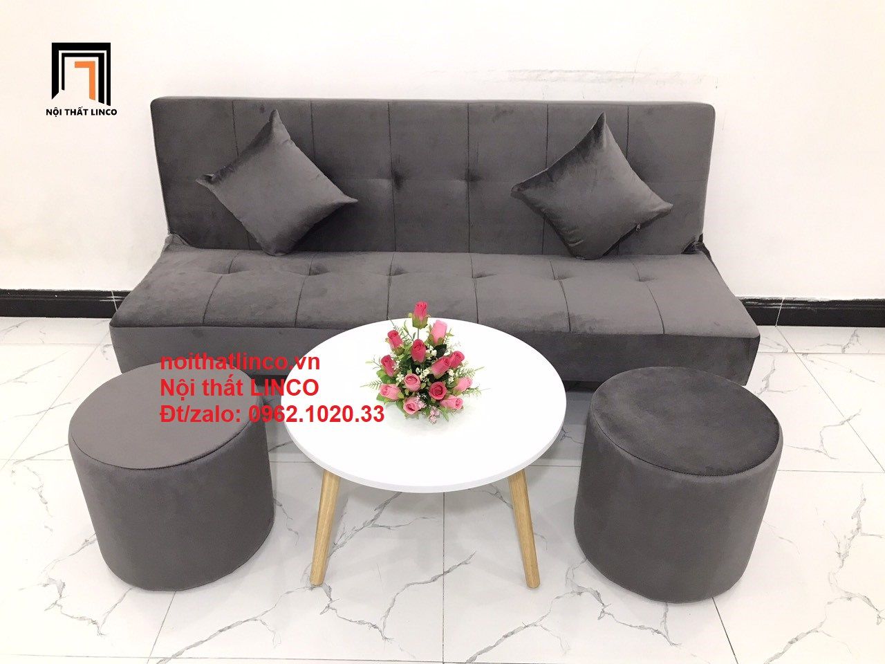  Bộ ghế sofa bed bật giường nằm SFG 1m7 màu xám đen vải nhung 