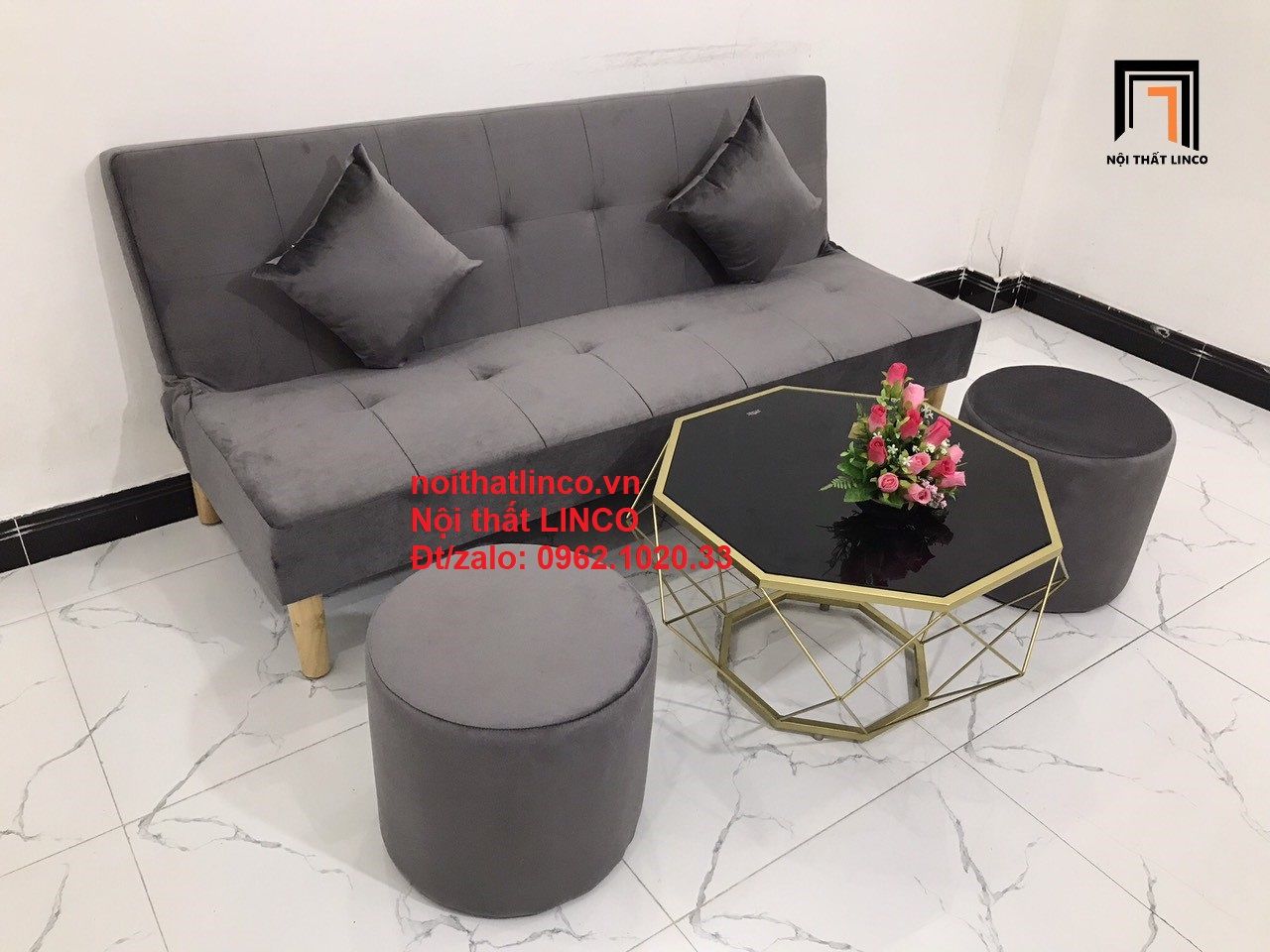  Bộ ghế sofa bed bật giường nằm SFG 1m7 màu xám đen vải nhung 