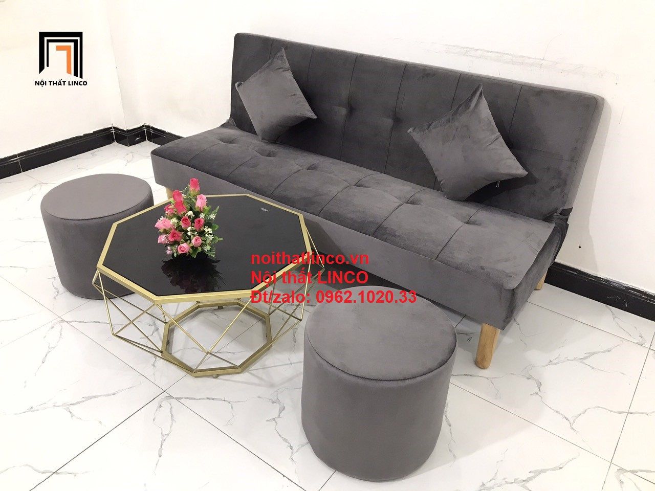  Bộ ghế sofa bed bật giường nằm SFG 1m7 màu xám đen vải nhung 