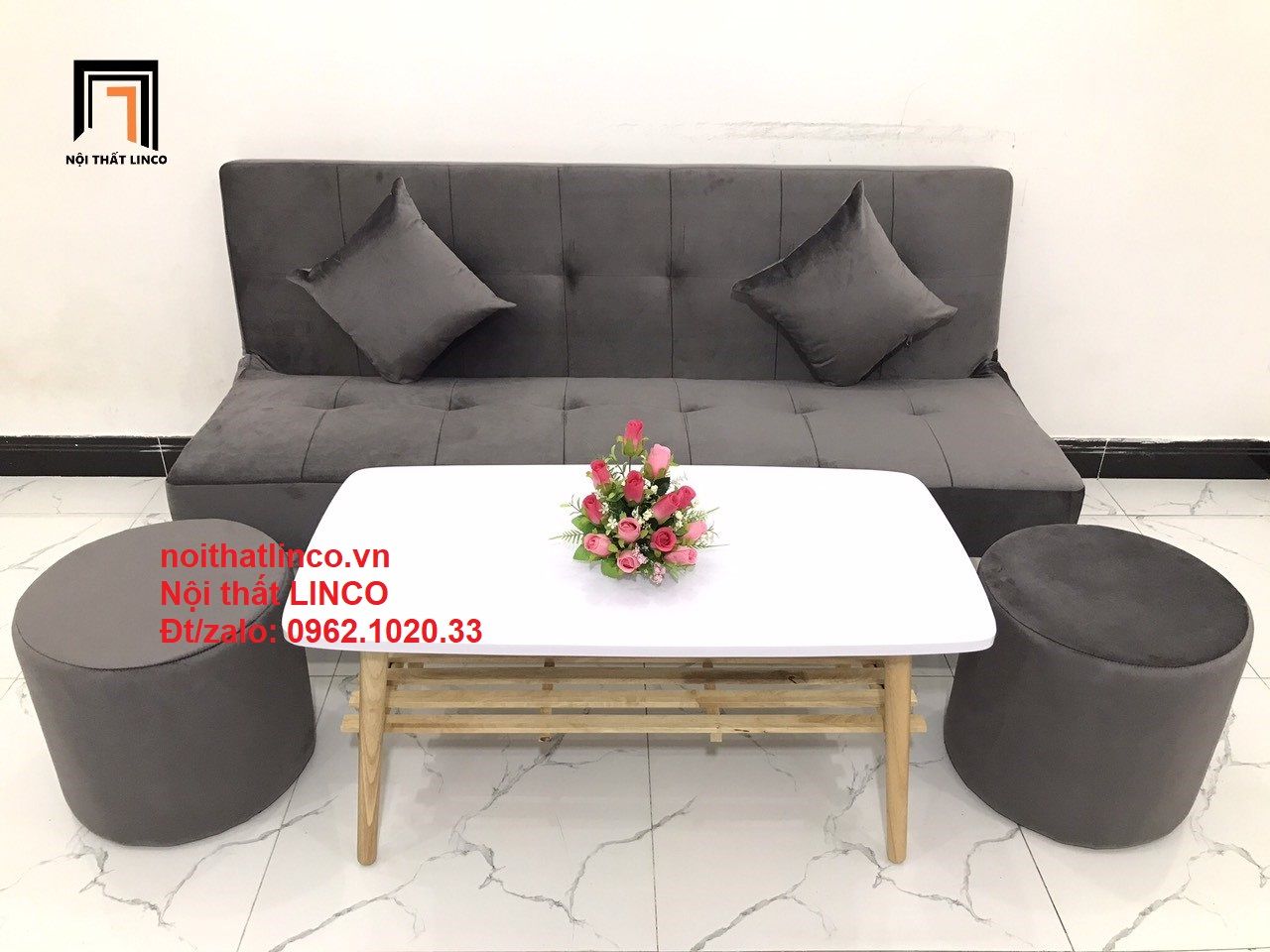  Bộ ghế sofa bed bật giường nằm SFG 1m7 màu xám đen vải nhung 