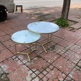  Cặp 2 bàn tròn kính cường lực BTPK6 Badil khung chân sắt vàng 