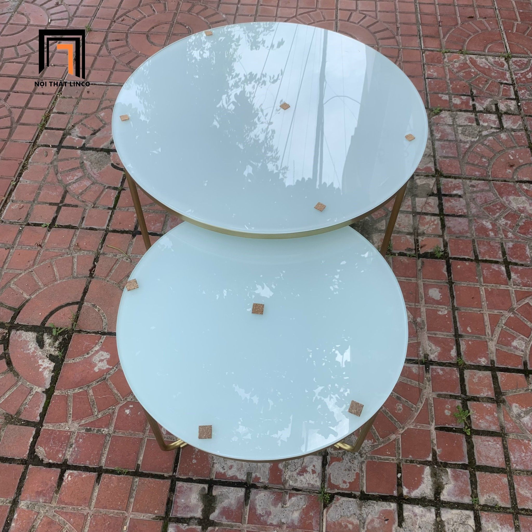  Cặp 2 bàn tròn kính cường lực BTPK6 Badil khung chân sắt vàng 