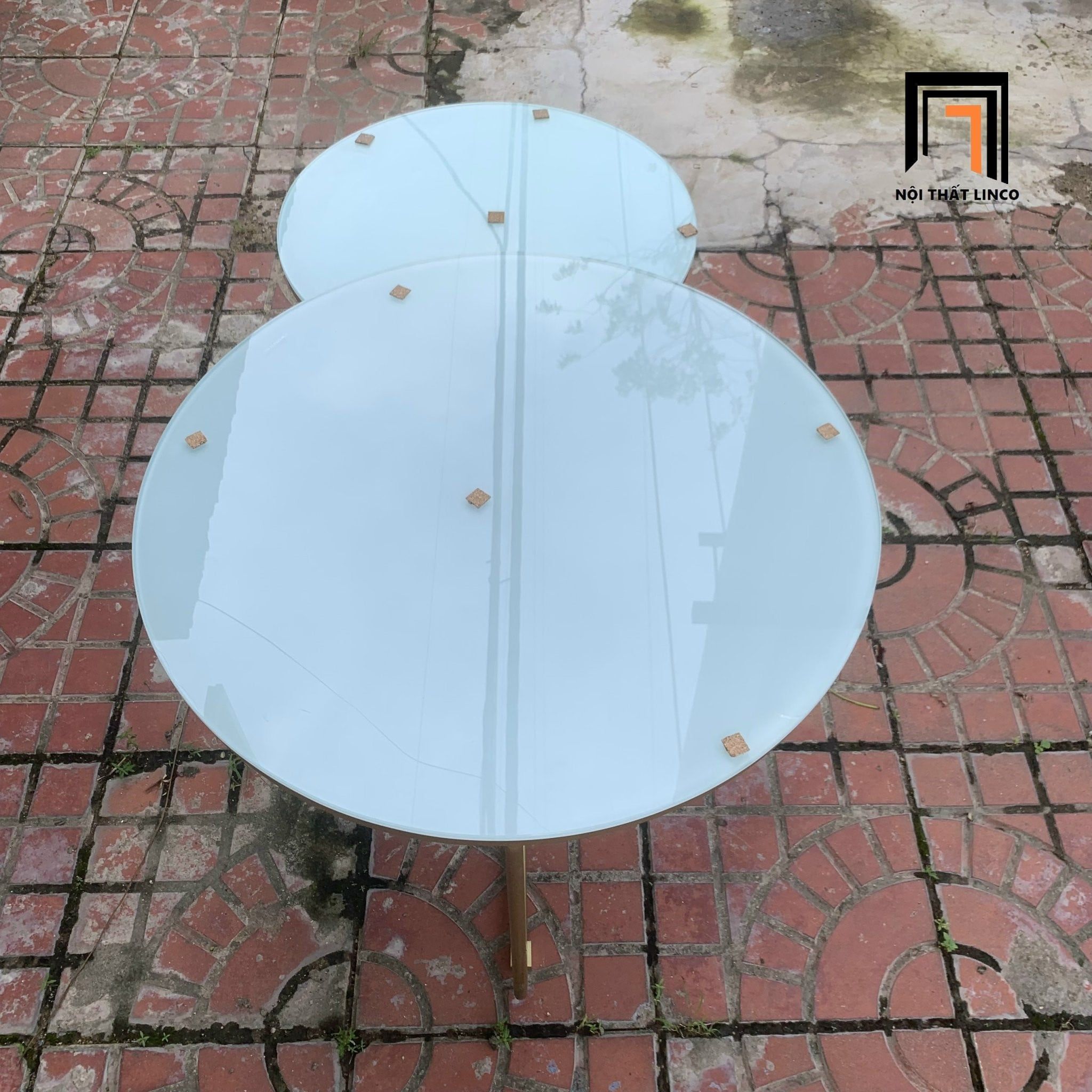  Cặp 2 bàn tròn kính cường lực BTPK6 Badil khung chân sắt vàng 