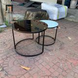  Cặp 2 bàn trà tròn xinh xắn BTPK25 Rayga mặt kính đen trắng 