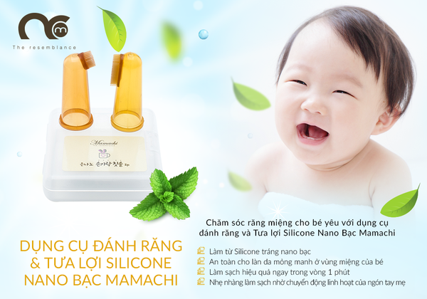  Dụng cụ đánh răng và tưa lợi silicone nano bạc Mamachi-set 2 chiếc 