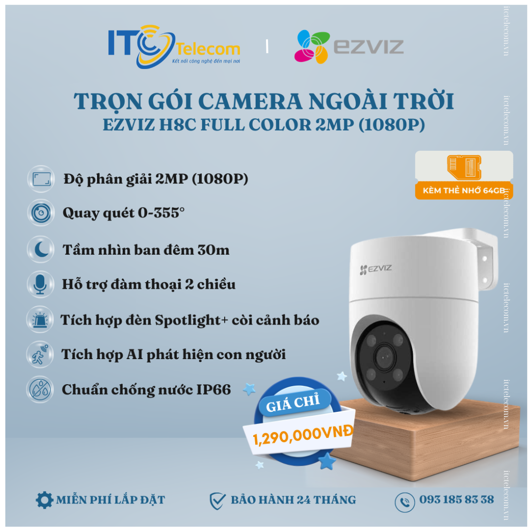 Trọn Gói Camera Ngoài Trời EZVIZ H8C Full Color 2MP (1080P)