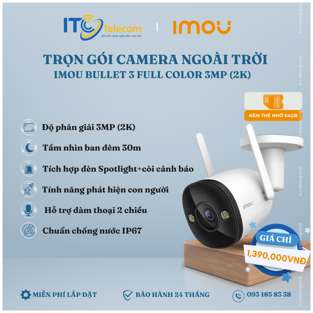 Trọn Gói Camera Ngoài Trời IMOU Bullet 3 Full Color 3MP (2K)