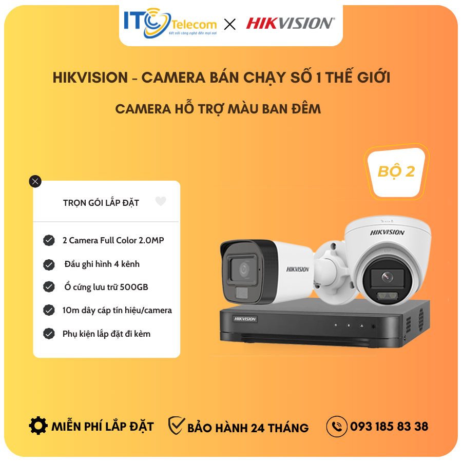 Trọn Bộ 2 Mắt Camera Full Color - Thu Tiếng HIKVISION 2.0MP