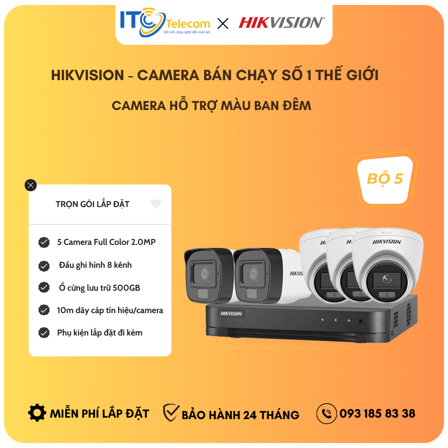 Trọn Bộ 5 Mắt Camera Full Color - Thu Tiếng HIKVISION 2.0MP