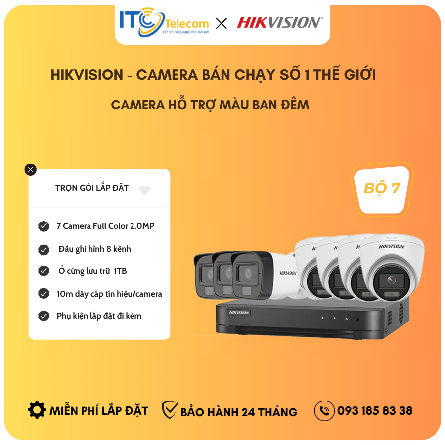 Trọn Bộ 7 Mắt Camera Full Color - Thu Tiếng HIKVISION 2.0MP