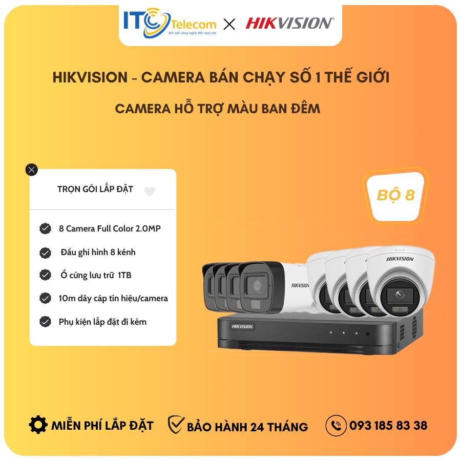 Trọn Bộ 8 Mắt Camera Full Color - Thu Tiếng HIKVISION 2.0MP