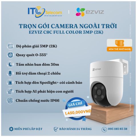 Trọn Gói Camera Ngoài Trời EZVIZ H8C Full Color 3MP (2K)